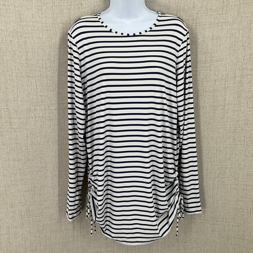 Lands' End Rash Guard Women L 14-16 Blue White Striped Side Cinch Top Beach